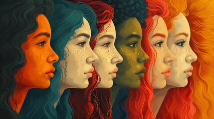 Women from different cultures and nationalities stand together in celebration of International Women's Day. This banner symbolizes the movement for gender equality and women empowerment. - obrazy, fototapety, plakaty