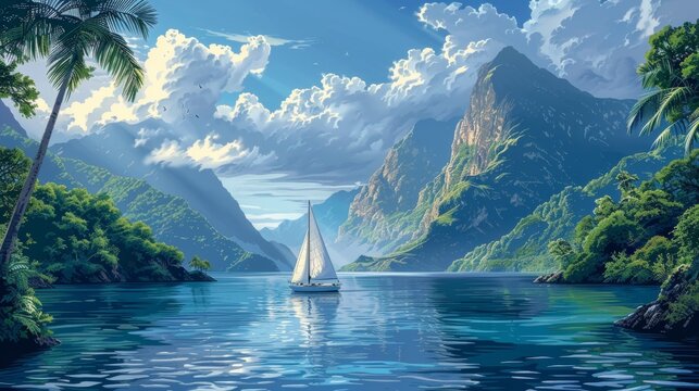 In the tropics, a modern illustration postcard poster depicts a summer landscape tourism landscape yacht sail