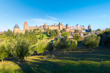 View of the medieval hilltop fortress at Carcassonne, France, from the rural countryside.