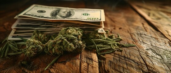 stack of money and cannabis on a wooden table. AI generative 