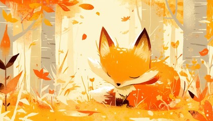 Fototapeta premium A cute fox in an autumn forest, in the style of watercolor