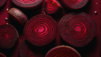 Beetroot slices on a deep red background, earthy and vibrant red beetroot.