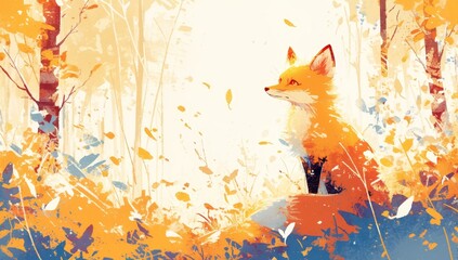 Fototapeta premium A cute fox sitting in the forest, surrounded by autumn trees and falling leaves. The background is a watercolor illustration with warm colors of orange and yellow. 