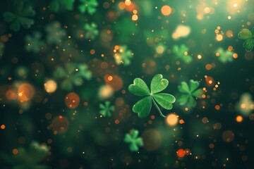 Floating clovers with a bokeh effect symbolize luck and fortune, perfect for St. Patrick's Day or themes of nature and serendipity. - obrazy, fototapety, plakaty