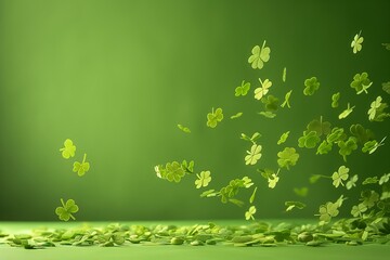 Floating clovers with a bokeh effect symbolize luck and fortune, perfect for St. Patrick's Day or themes of nature and serendipity. - obrazy, fototapety, plakaty