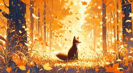 Fototapeta premium A cute fox sitting in the forest, surrounded by autumn trees and falling leaves. 