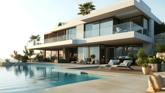 3d rendering of modern house by the river at morning, house, luxury, villa, modern, architecture, building, exterior, residential, property, designer