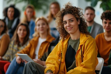 Obraz premium Young diverse group of people in casual sitting on chairs and talking during team building activity at work