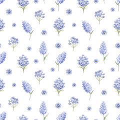 Seamless pattern with vintage various purple lilac branches and flowers set isolated on white background. Watercolor hand drawn illustration sketch © Mimomy