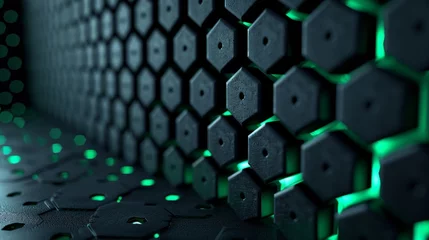 Fotobehang A modern technology innovation concept background with steel mesh abstract shapes in black and green. A free space for design. Background with dark steel mesh abstract shapes with black and green © DZMITRY