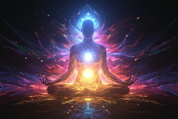 A digital art representation of the human body with glowing chakras and aura, sitting in lotus position against a black background. 