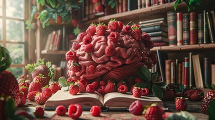 In a brain library, cells absorb knowledge among bookshelves made of strawberries and raspberries, merging learning with antioxidants - obrazy, fototapety, plakaty