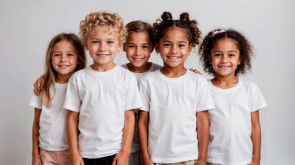 Niños sonriendo de felicidad con camiseta blanca