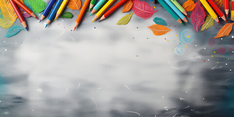 Back to school copy space background with stationery near colorful pencils and dry leaves on blackboard
 - obrazy, fototapety, plakaty