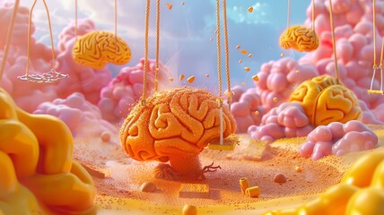 A playground for the mind with swings and slides laced with healthy fats, set in a turmeric and cinnamon-sprinkled ambiance, showcasing the playful side of brain nutrition