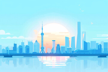 City skyline illustration, flat style urban architecture illustration elements