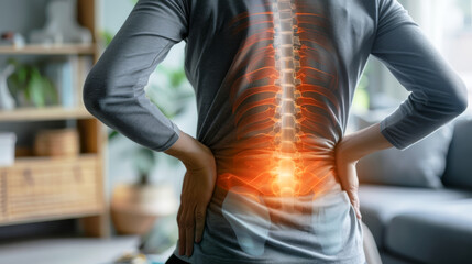 Lower back pain, sport injury office syndrome, backache concept. - obrazy, fototapety, plakaty