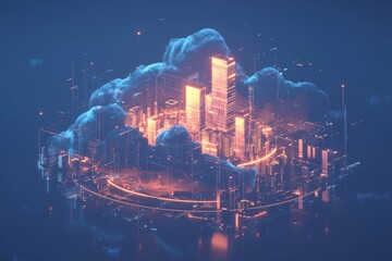 cloud with city on it glowing, illuminated and floating in the air on dark background