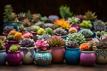 A whimsical arrangement of succulents in colorful ceramic pots.
