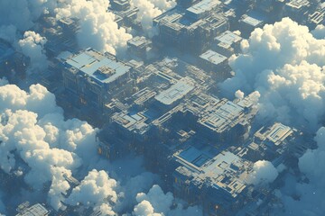 clouds with circuit board patterns, representing data flow and processing in the digital landscape. 