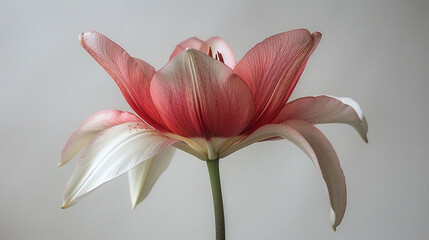Pink and white lily flower isolated on a grey background. Studio portrait of a blooming lily. Elegance and purity concept. Design for greeting card, invitation.