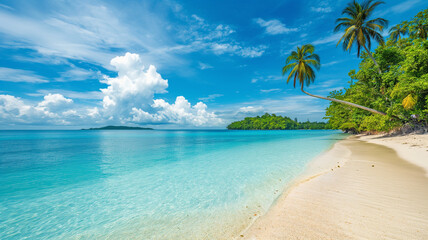 A beautiful tropical beach with crystal clear water and palm trees