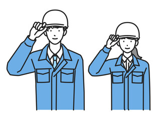 ヘルメットをかぶる作業服姿の男性と女性（上半身）
