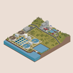 wastewater treatment plant and the city with isometric graphic