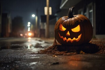 Scary Halloween pumpkin on a street corner at night