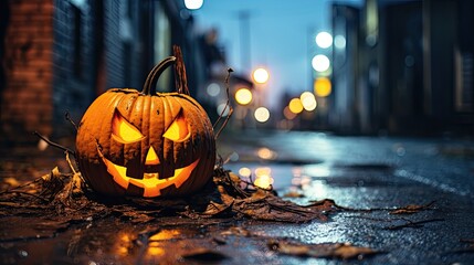 Scary Halloween pumpkin on a street corner at night