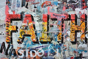 A collage graffiti artwork spelling "FAITH" in a vibrant mix of newspaper clippings and magazine cutouts, boasting intricate details.