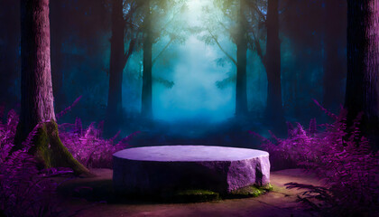 stone podium in the magical forest , empty round stand background moment concept. - 779837700