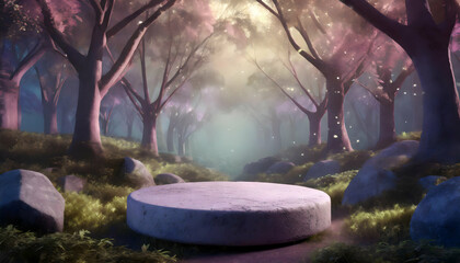 stone podium in the magical forest , empty round stand background moment concept. - 779837705