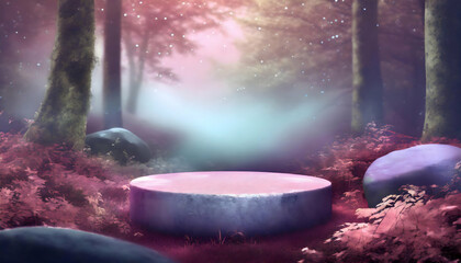 stone podium in the magical forest , empty round stand background moment concept. - 779837706