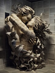 Sculpture of two lovers composed of book pages. Concept of love for reading and books in general