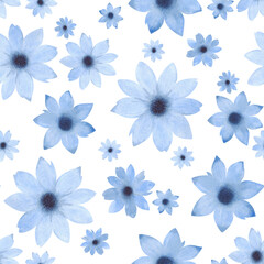 Blue watercolor flowers on a white background, seamless pattern,hand-drawn floral pattern pattern. Blooming background for design, decoration, fabric, wallpaper, wrapping paper, holiday. 