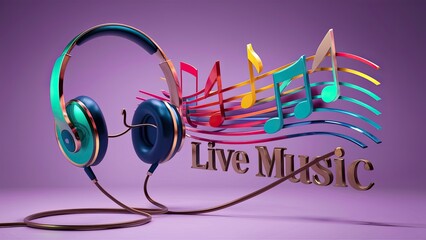 Background live music poster with headphones and notes for music event with dj or concert