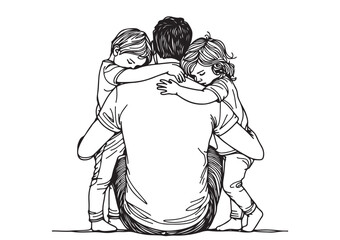 happy father's day continuous line art illustration. Father hugs two children