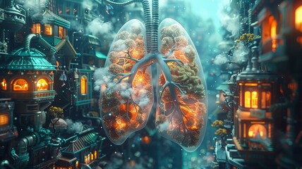 A lively city thrives inside the lung, where characters of oxygen and carbon dioxide engage in a vital exchange at a bustling marketplace - obrazy, fototapety, plakaty