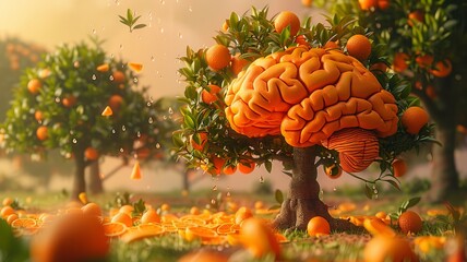 A brain relaxes under an orange tree, absorbing Vitamin C, signifying nourishment from the fruit's bounty