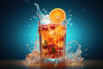 orange juice splash in glass on blue background. Summer drink