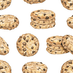 Seamless pattern with home made chocolate chip cookies  isolated on white background. Watercolor hand drawn illustration..