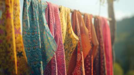 A row of colorful, patterned scarves hanging on a clothesline, blowing in the breeze