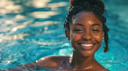 Summer swimming pool. Fun in the sun. 4th of July celebrations with friends. Bi-racial African American swimmers. Beautiful woman in a pool.