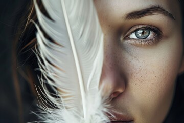 Woman's face with a feather. Beautiful model in abstract pose. Close-up of a person's face with pretty eyes.