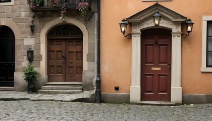 Fototapeta na wymiar A-Vintage-Door-With-A-Lantern-Hanging-Beside-It-In-A-Cobblestone-Street-- (1)