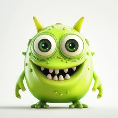 Fototapeta premium A cute monster with big eyes and horns. Little Devil Green Colored Smile Character Image Cute Space Creatures Funny Kawaii Halloween Characters - Devil Goblin, Alien Creature