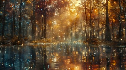 Abstract landscape with magical glow. Iridescent trees and river sparkling in the sunset. Fantasy forest with glowing sky.