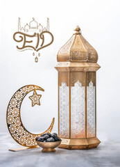 Eid Mubarak minimal type photography, Moroccan lantern lamp with dates and crescent moon