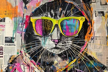 A highly detailed graffiti artwork featuring a cool cat sporting a hoodie and neon sunglasses, meticulously crafted from colorful newspaper clippings and magazine cutouts